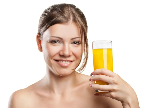 Jonge mooie vrouw drinken sinaasappelsap — Stockfoto