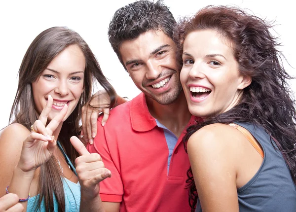 Happy group of friends laughing, cheering and waving — Stock Photo, Image