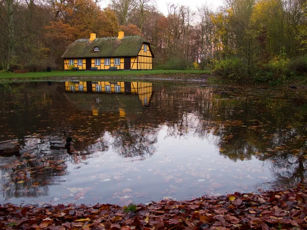 Amarelo casa meia madeira no lago — Fotografia de Stock