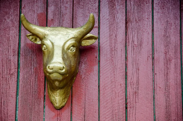 Tête de vache dorée sur mur rouge — Photo