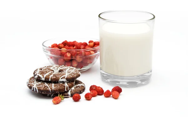 Copo de leite com morangos silvestres e biscoitos — Fotografia de Stock