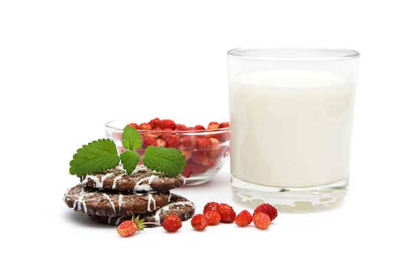 Copo de leite com morangos silvestres e biscoitos — Fotografia de Stock