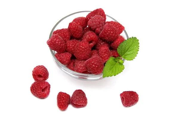 Glass bowl of raspberries — Stock Photo, Image