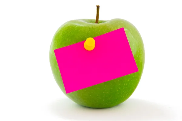 Jabłko z naklejki notatka — Zdjęcie stockowe