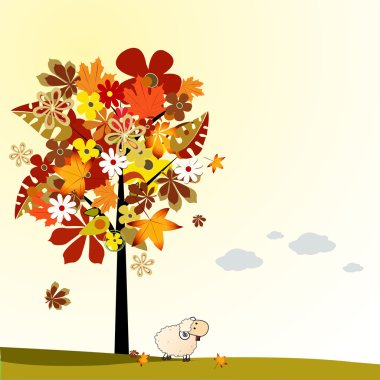 Autumn background with tree and sheep