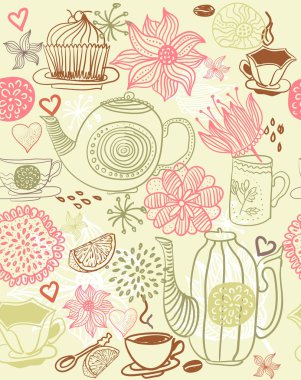 Seamless floral background with cups and teapots in vector clipart