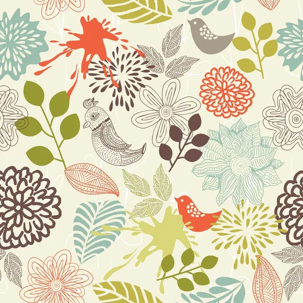 Retro floral seamless background with birds in vector — Stock Vector