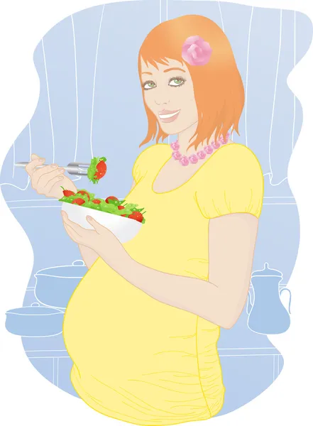 Pregnant woman eating salad. — Stock Vector