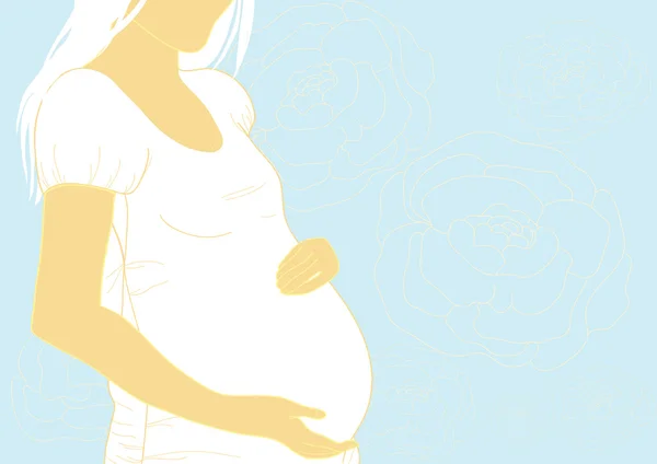 Silueta těhotné ženy na modrém pozadí s květinami. — Stockový vektor