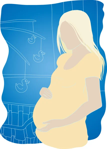 Silueta těhotné ženy na pozadí do dětského pokoje. — Stockový vektor