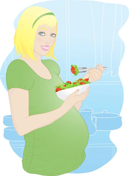 Mladá těhotná žena v kuchyni. Stock Vektory