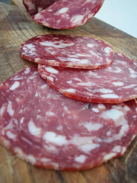 Closeup of round salami slices — Stock Photo, Image