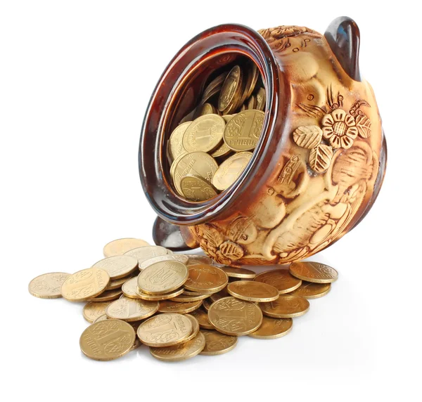 Turned pot with coins — Stock Photo, Image
