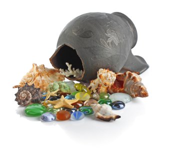 Broken amphora with seashells and stones clipart