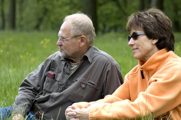 Senior couple in a green grassfield — Stock Photo, Image