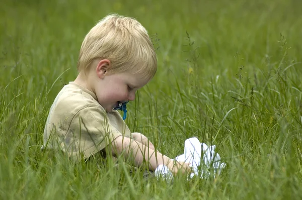 Маленький мальчик в траве — стоковое фото