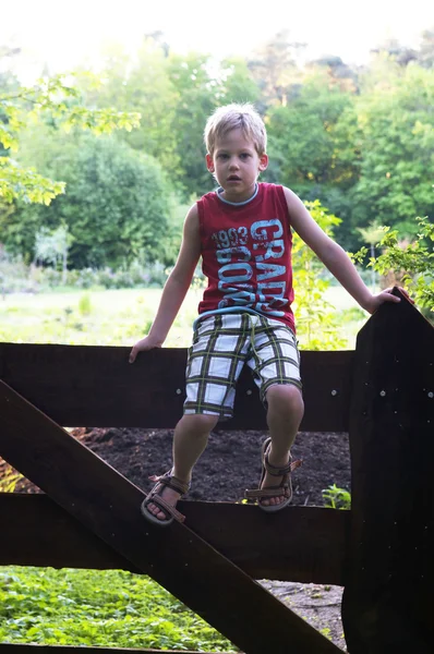Мальчик на заборе — стоковое фото