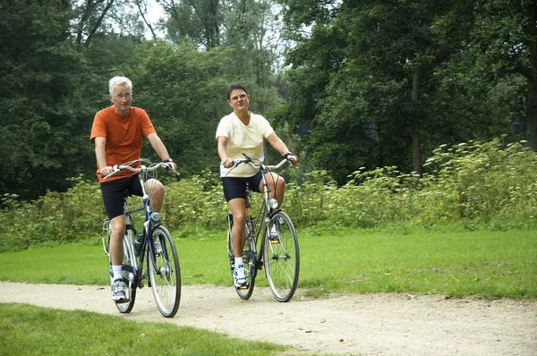 Coppia di anziani in bicicletta Immagini Stock Royalty Free
