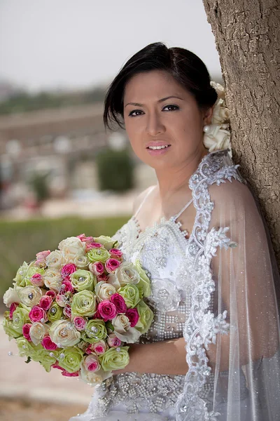 Asiatiska bruden på hennes bröllopsdag utanför — Stockfoto