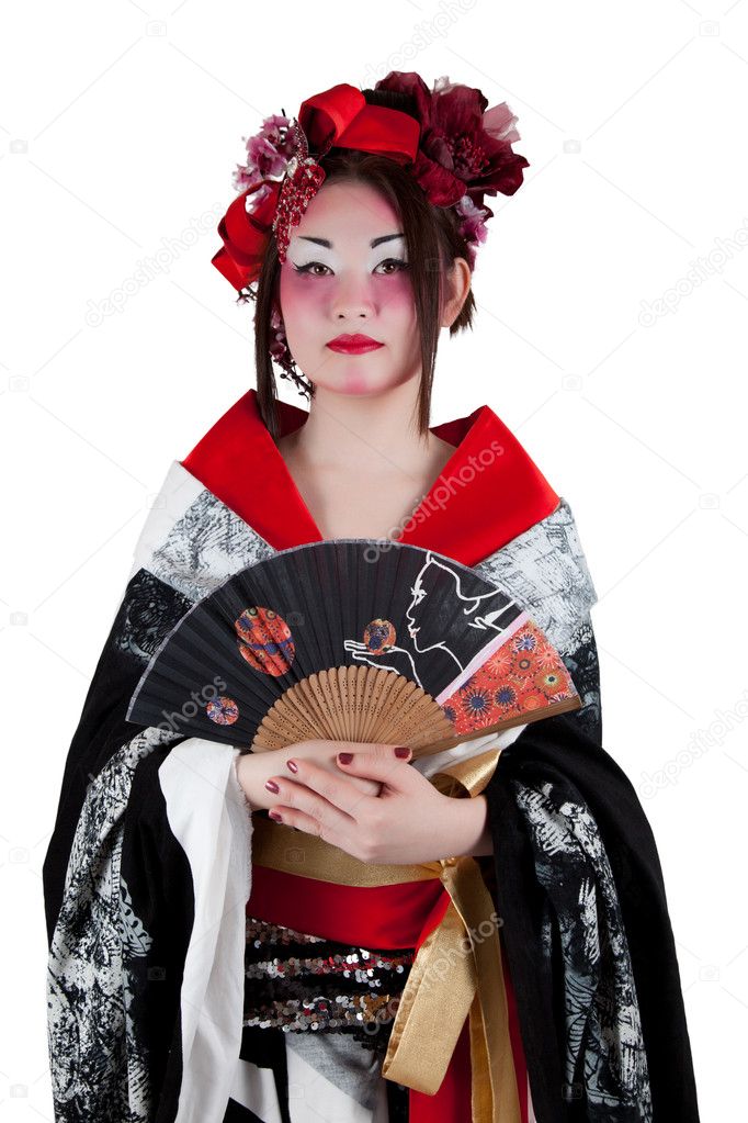 Female Wearing a Japanese Kimono Isolated on White Background