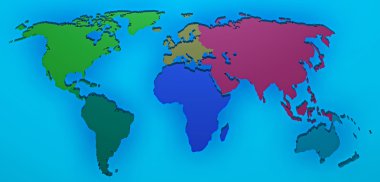 World map 3D render with the different continents separated clipart