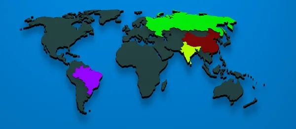 Bric 국가 브라질, 러시아, 인도 및 채널에 의해 형성 된 3 차원 지도 — 스톡 사진