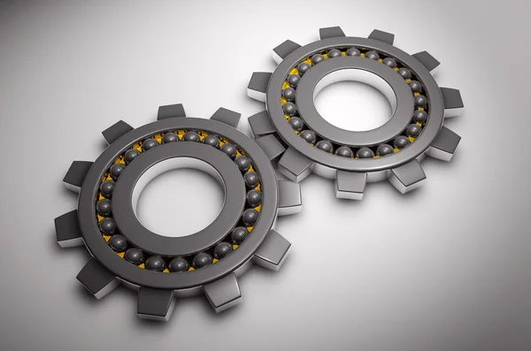 Concept of team working together, with a silver gear steel bearings working