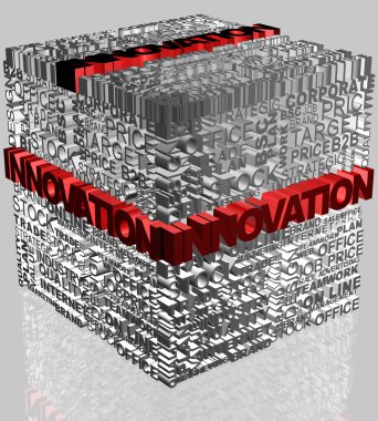 Business words related in cube format with highlighted word Innovation clipart