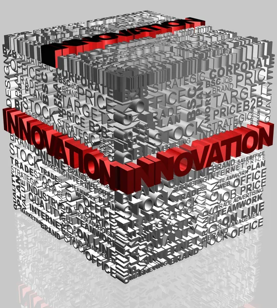 Kapcsolódó kocka formátumban a kijelölt szót innováció üzleti szavak — Stock Fotó