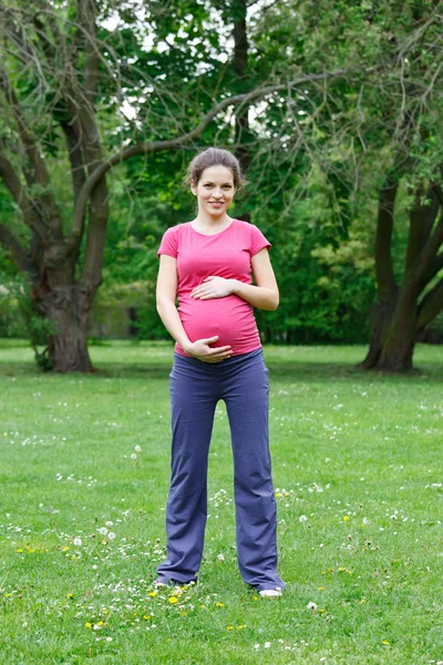 Femme enceinte faisant de l'exercice dans le parc — Photo