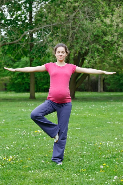 Těhotná žena cvičení v parku — Stock fotografie