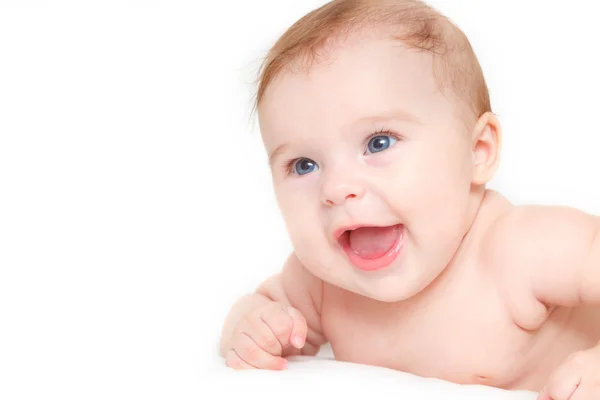 Bonito bebê rindo isolado em branco — Fotografia de Stock