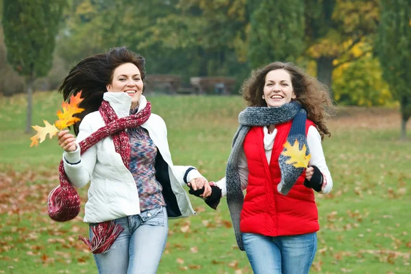 Two pretty girls having fun in autumn park — Zdjęcie stockowe