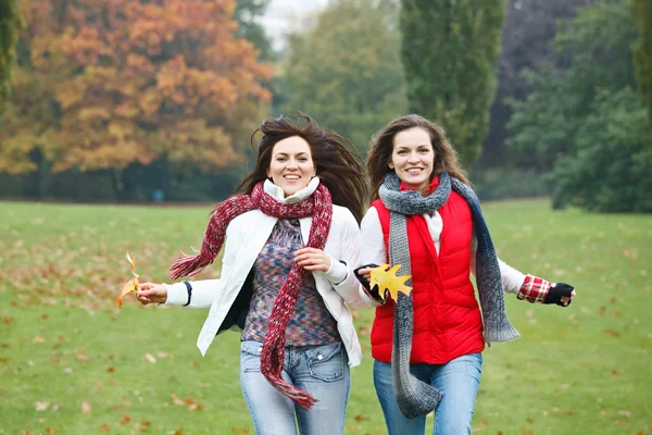 Две симпатичные девушки веселятся в осеннем парке — стоковое фото