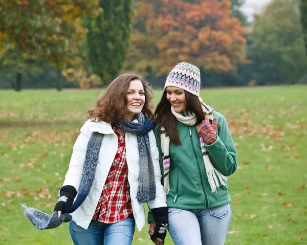 Twee mooie meisjes plezier in herfst park — Stockfoto