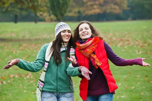 Dvě hezké dívky baví v podzimním parku — Stock fotografie