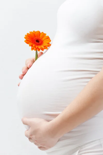 Mujer embarazada tocando aquí vientre — Foto de Stock