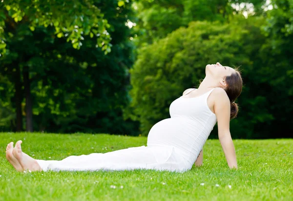 公園でリラックスした美しい妊婦 ロイヤリティフリーのストック写真