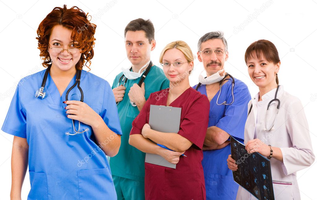 Young smiley female doctor and her team