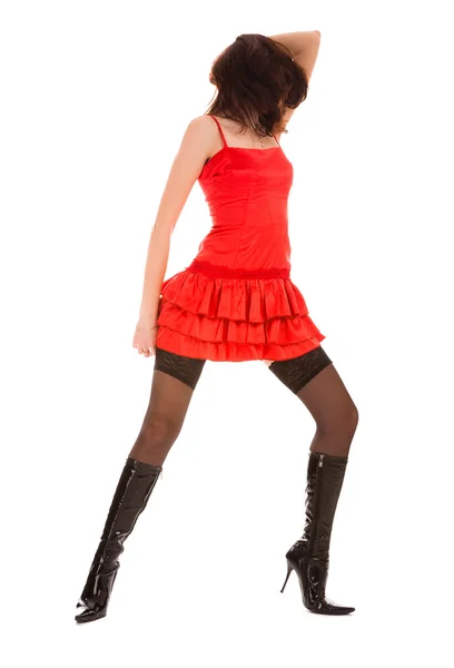 Jovem mulher em vestido vermelho e botas — Fotografia de Stock
