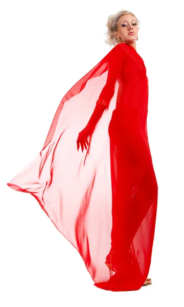 Blonde woman in red fabric — Stock Photo, Image