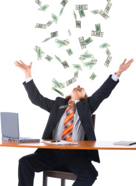 Young businessman and falling money clipart