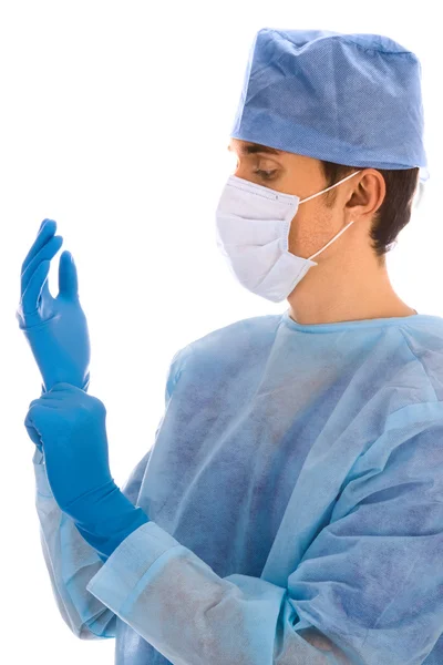 Cirujano con capa quirúrgica azul — Foto de Stock