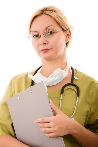 Jeune femme blonde médecin avec stéthoscope — Photo