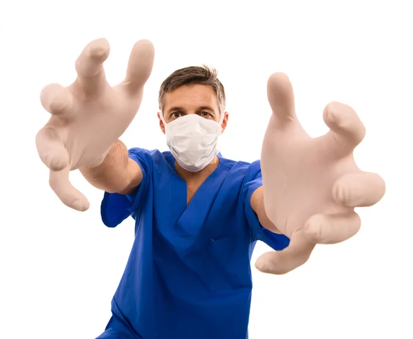 Grappige arts met lange handen — Stockfoto
