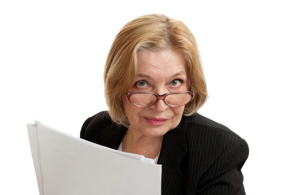 stock image Senior Woman in black on white background