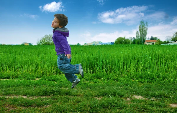 Прыгающий мальчик на зеленом лугу — стоковое фото