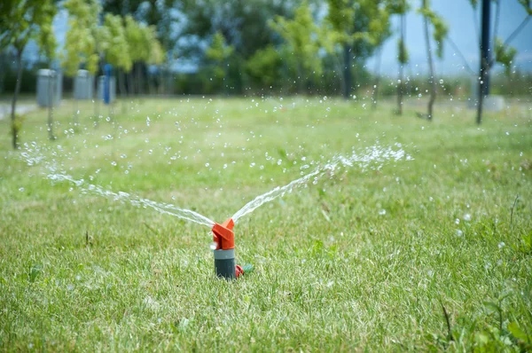 緑の草に水をまくスプリンクラー — ストック写真
