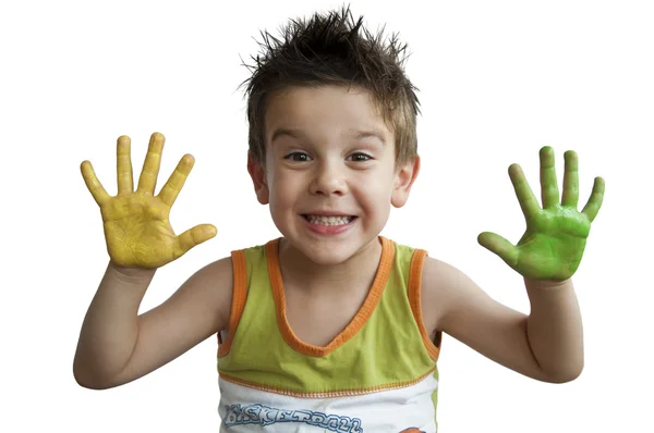 Kinderen gekleurde handen. kleine jongen handen. — Stockfoto