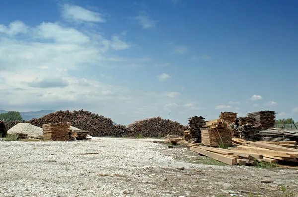 Timmerwerk fabriek en geordende hout. — Stockfoto